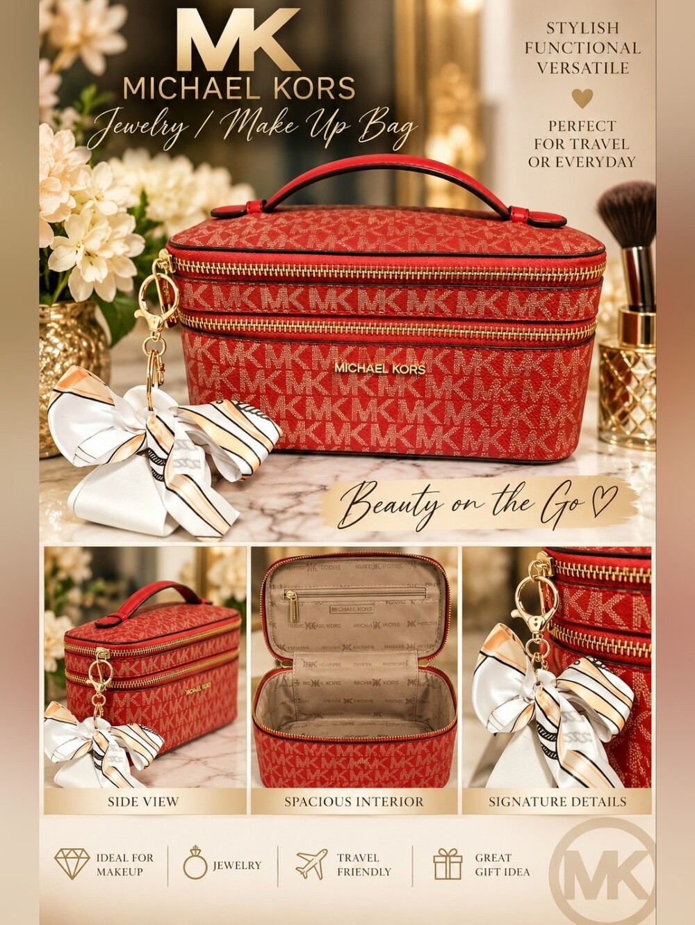 Michael Kors Red Signature MK Cosmetic & Jewelry Travel Case